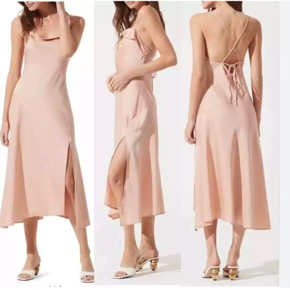 Astr Dresses & Skirts - ASTR THE LABEL BLUSH PINK COWL NECK BACK LACE SATIN SIDE SLIT SLIP MIDI DRESS